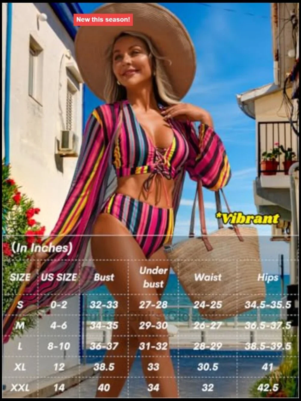 3 Piece Swimsuit Set with Halter Top, High Waisted Bottoms & Cover Up